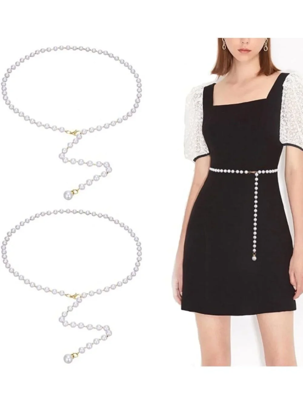 Rhinestone Pearl Elastic Waist Chain Belt - Women's Skinny Metal Cinch Gold Belt